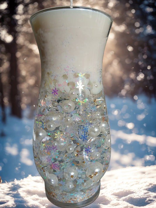 Decorative winter candle in a curved vase with shimmering silver and crystal accents, hand-poured soy wax top, created by Chaos Candles.