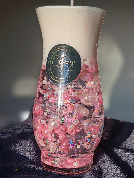 Curved vase decor candle with suspended blush and pearl beads  with soy wax.