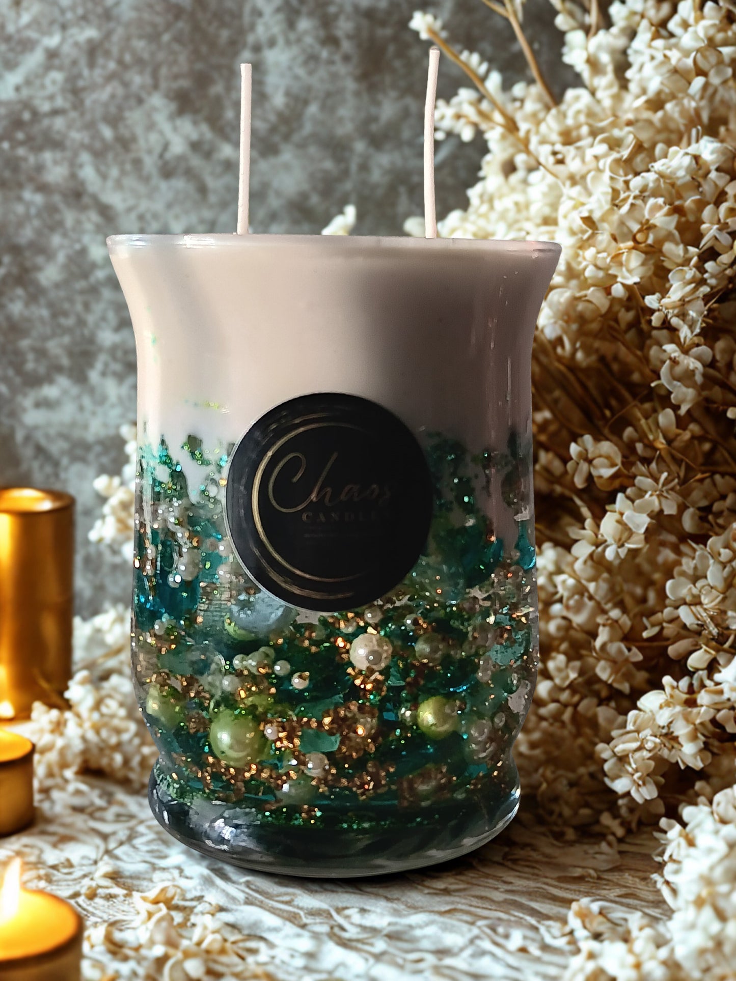 Hand-poured soy Aura Vase Candle by Chaos Candles — a luxury 5-inch centerpiece that adds signature scent, sparkle, and energy to any room.