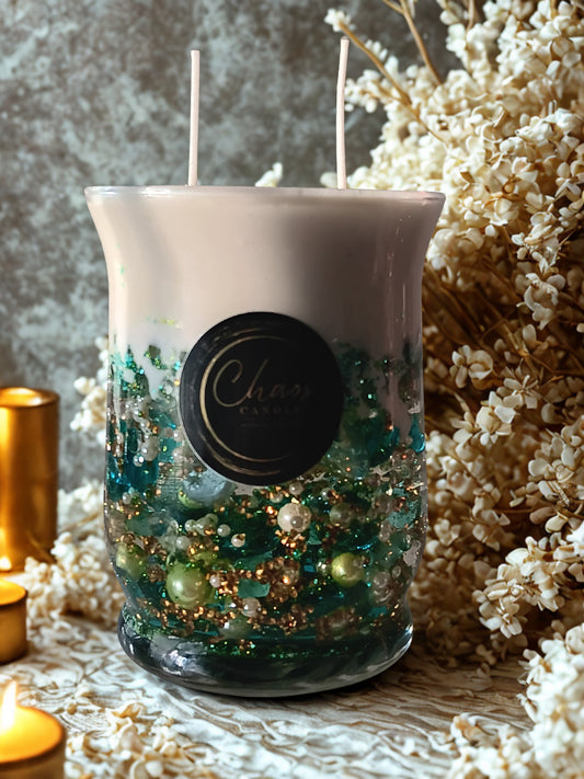 Hand-poured soy Aura Vase Candle by Chaos Candles — a luxury 5-inch centerpiece that adds signature scent, sparkle, and energy to any room.
